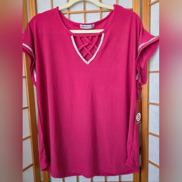 NWT WOMENS 89THANDMADISON PINK SLEEVELESS EMBELLISHED PULLOVER BLOUSE SIZE XL - Picture 1 of 5